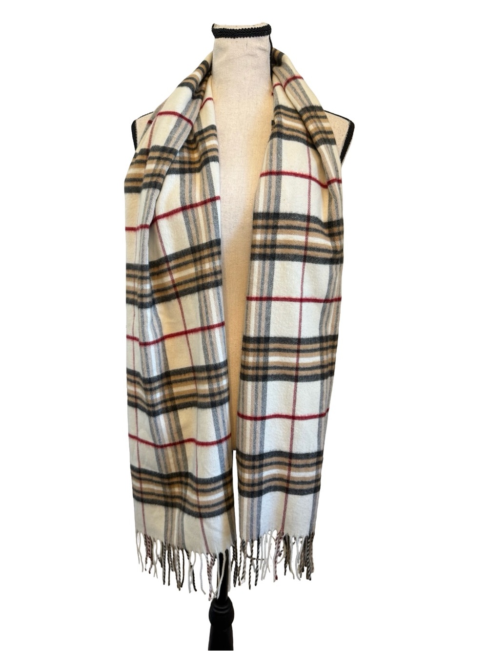 Cashmink V. Fraas Plaid Scarf Cream Beige Red Fringe Soft Wrap Made in Germany
